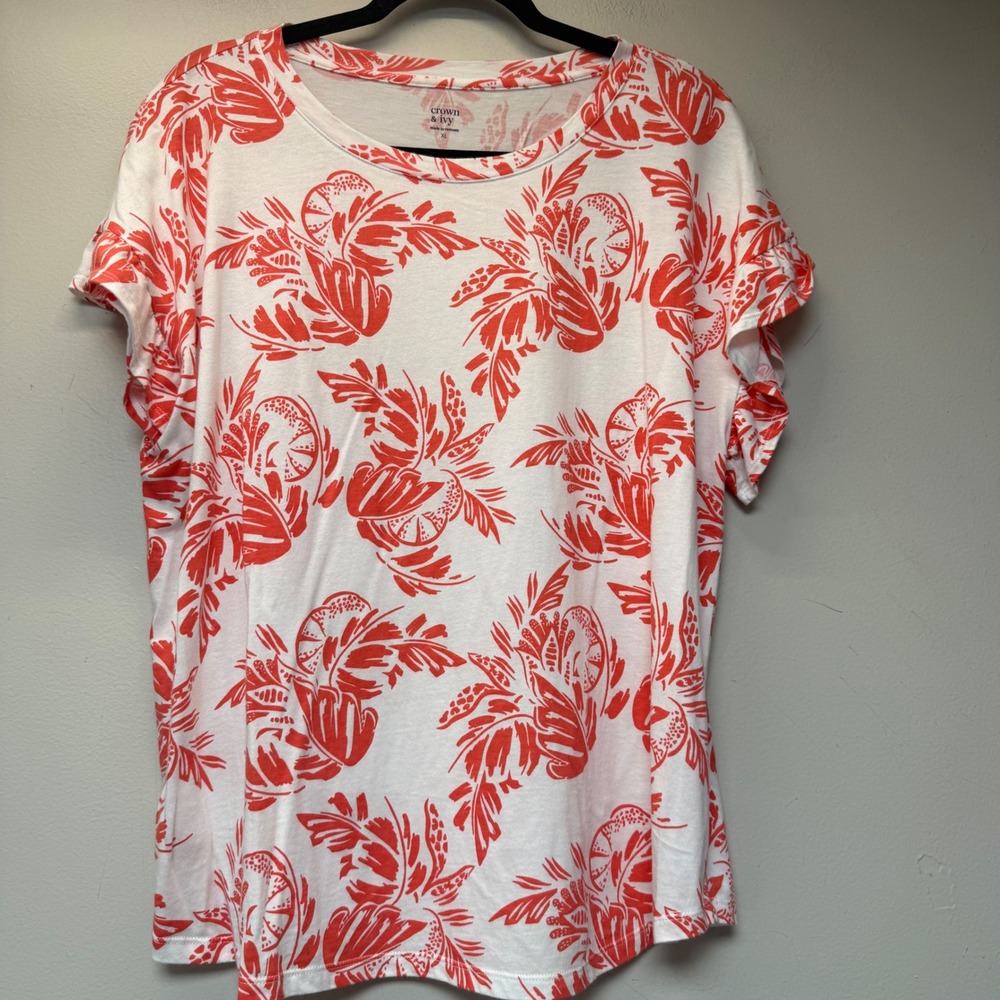Crown & Ivy Flutter Sleeve‎ Top Women XL White Orange Excellent Tropical Floral